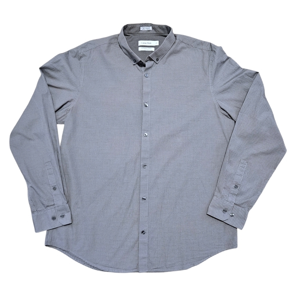 Calvin Klein Infinite Non-Iron Button Up Shirt Mens Large Gray Check 100% Cotton